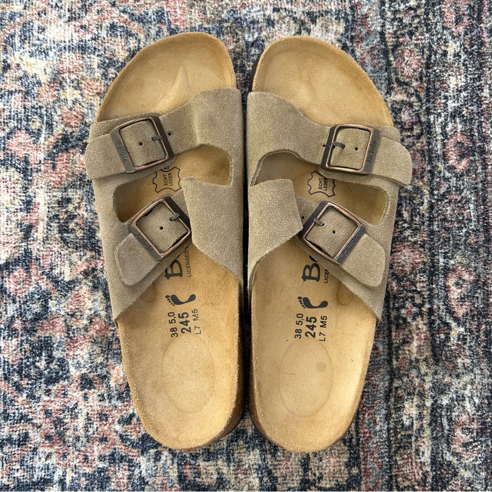 Birkenstock Betula Arizona Double Strap Taupe Tan Suede Sandals Size 7 / 38 EU - Picture 3 of 12